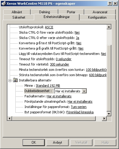 4 Användning i Windows 2000, Windows XP och Windows Server 2003 Enhetsalternativ och utskriftsinställningar I det här avsnittet beskrivs skrivarspecifika inställningar av drivrutinens funktioner.