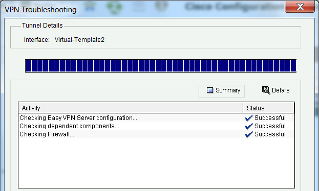 Bild 3-1 nedan visar en funktion i Cisco Configuration Professional som automatiskt letar efter några fel med EasyVPN-servern. Bilden visar att inga fel hittades.