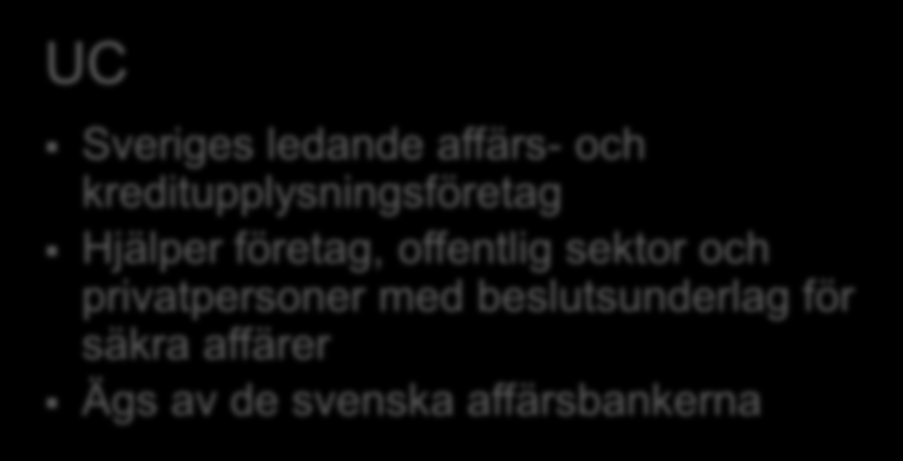 UC och Företagarna UC Sveriges ledande affärs- och kreditupplysningsföretag Hjälper företag, offentlig sektor och privatpersoner med beslutsunderlag för säkra affärer Ägs av