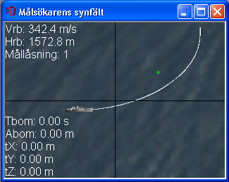 Fartygsvyn visar fartyget från ovan på nära håll, se Figur 3.6. Den gröna sfären indikerar att fartyget har aktiverat släpmålet.