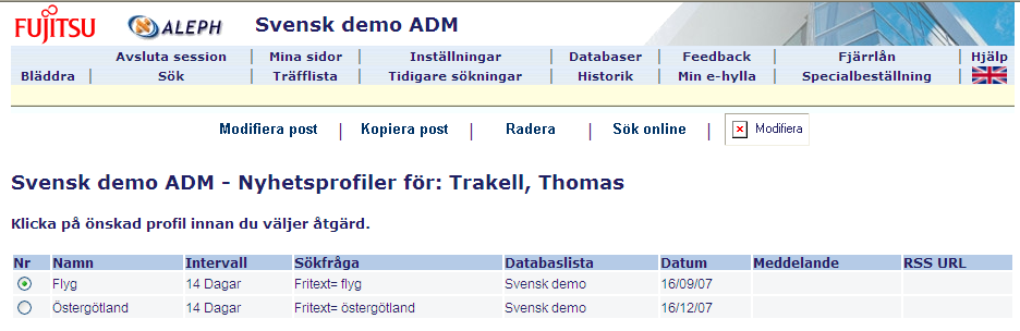 I låntagarinformation kan man arbeta med de nyhetsprofiler man har. 5.7 Spara/e-post Klicka på rubriken Spara/e-post för att skicka poster med e-post eller spara dem i en fil på den egna datorn.