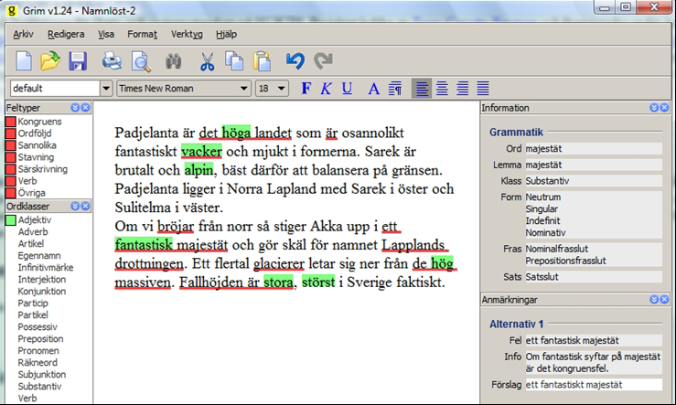 lexiconordica 2010 Figur 2: Grim. Användaren, som just valt att alla adjektiv ska markeras, pekar på ordet majestät på rad 7 och får då upp analysen i fältet till höger.