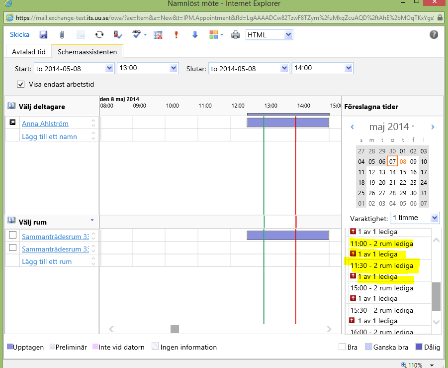 3. Även här föreslås tider som är lediga för alla valda mötesdeltagare och rum, Föreslagna tider. 4.