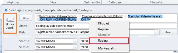 Detta framgår också i Outlook om vi öppnar upp bokningen igen. Ta bort och lägga till videokonferenssystem Gå in i din Outlook-kalender och öppna den bokning du vill ändra.