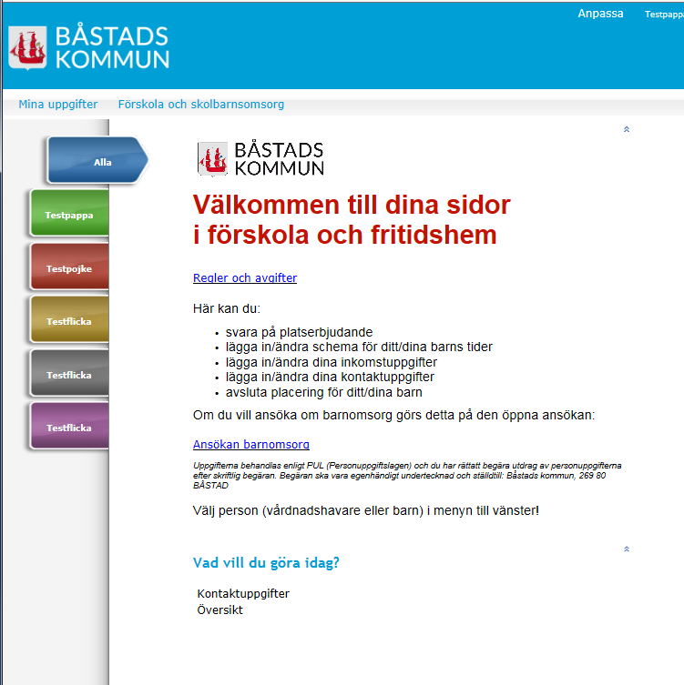 Inloggning Gå till www.bastad.se, klicka på Barn & skola och välj e-tjänster barnomsorg.