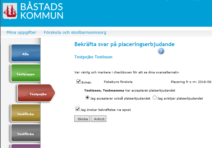 Om en vårdnadshavare redan svarat på ett platserjudande ser det lite annorlunda ut: När du markerar checkboxen