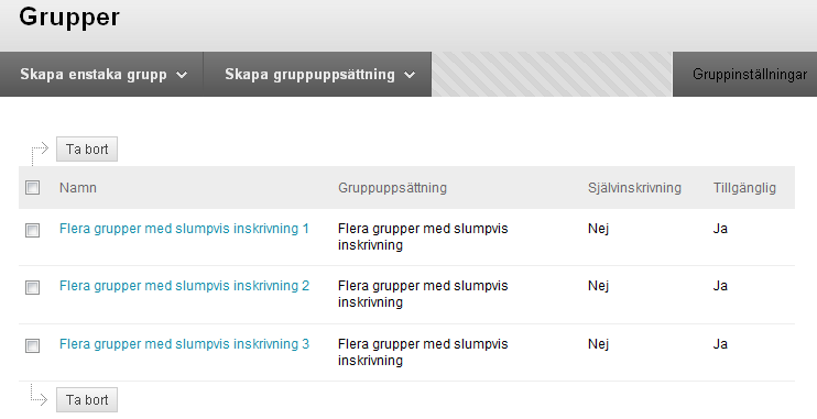 Namn: Ange gruppens namn. När grupperna skapas kommer ett löpnummer att läggas till efter resp grupps namn. Grupp tillgänglig: Markera Ja för att göra gruppen tillgänglig.
