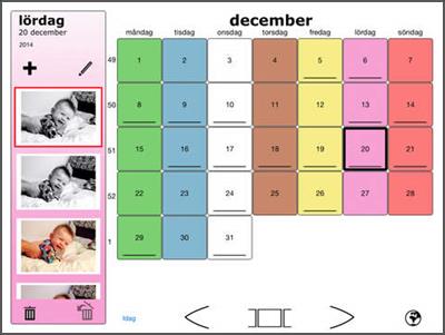 Niki Diary Enkel kalender /dagbok med visning av månad och en bild per dag. Går man in på dagen visas inlagda aktiviteter som bildspel. Veckodagsfärger används.