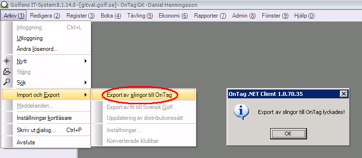 Sida 4 / 15 3 Exportera slinginformation Starta GIT och välj Export av slingor till OnTag under Arkiv Import och Export.