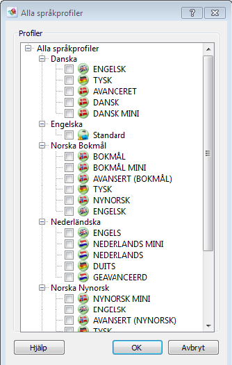 68 Inställningar - Profiler I Alla språkprofiler visas de enskilda språkversioner och standardprofiler, som kan väljas för språken.