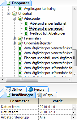 Bild 3. Rapporter Urvalsalternativ Fliken Obj typ tillåter användaren att avgränsa urvalet genom att ange vilka Objektstyper man vill ha med i sin rapport.