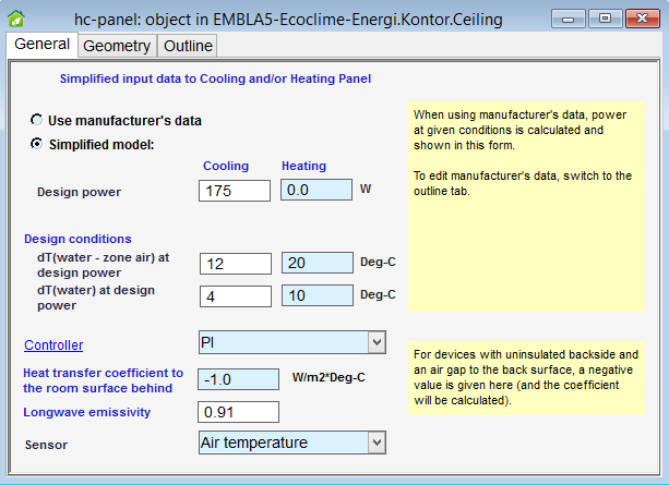Heating/cooling panel h/c panel arbetar precis som ett vattenburet element och modellen tar hänsyn till både värmestrålning och naturlig konvektion.
