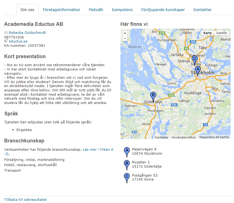 15 Klicka på ett företags namn i listan för att visa all information om företaget.