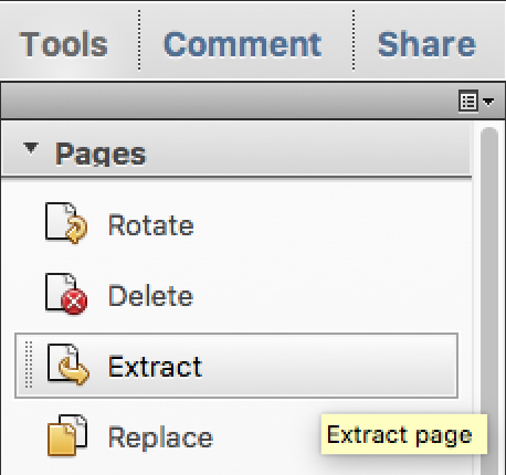 Spara en del av ett pdf-dokument i ett eget dokument 1. Klicka på Verktyg i dokumentfönstrets ovankant. 2. Klicka på Ordna sidor. 3. Klicka på Extrahera. 4. Markera de sidor som ska extraheras.