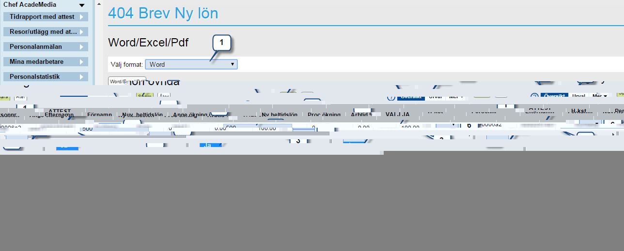 6(11) 1. Välj format: Word. 2. Markera mallen Office 2010 Bekr.brev ny lön 3. Markera de personer vars brev du vill få fram (om du vill få ut alla vara omarkerade) 4. Klicka på knappen Word/Excel/Pdf.