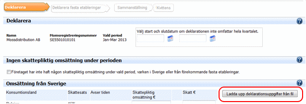 Då visas en ny sida där man först väljer från vilken fil deklarationsuppgifterna ska hämtas från och därefter väljer man Hämta uppgifter.