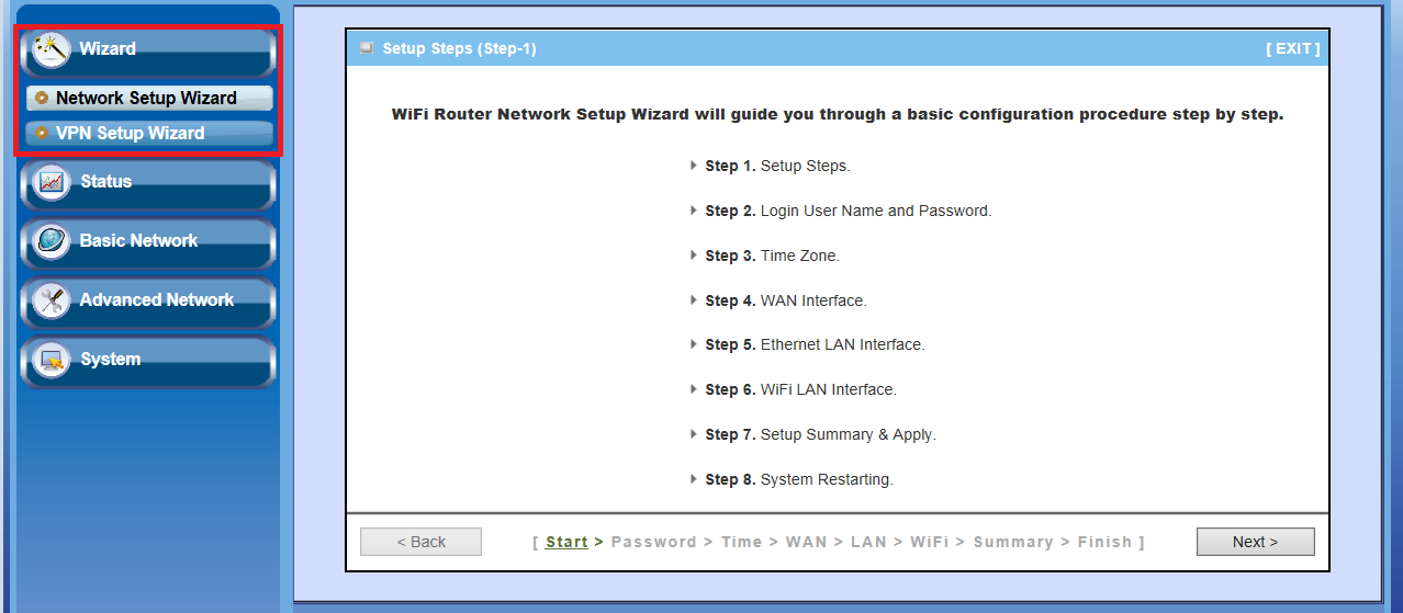 2.2.1 Installationsguiden Välj "Wizard/Network Setup Wizard" för att enkelt göra grundläggande nätverks- och VPN-inställningar.