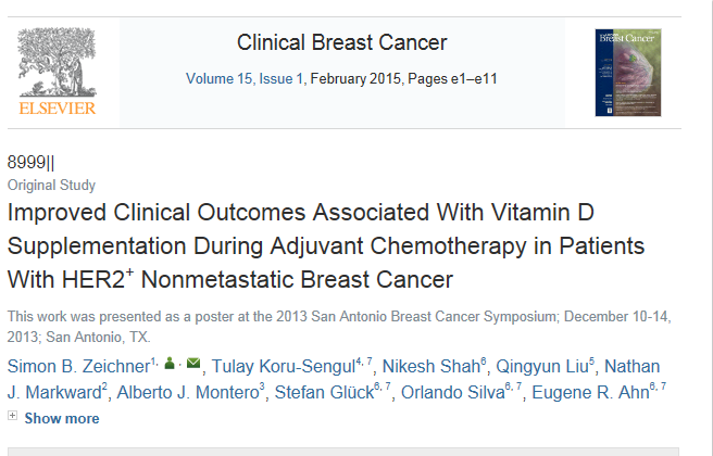 Vitamin D och Bröstcancer En studie visar att kvinnor med icke metastaserande HER+ bröstcancer (n=308) som fått vitamin D tillskott hade en längre tids sjukdomsfri överlevnadstid jämfört med icke
