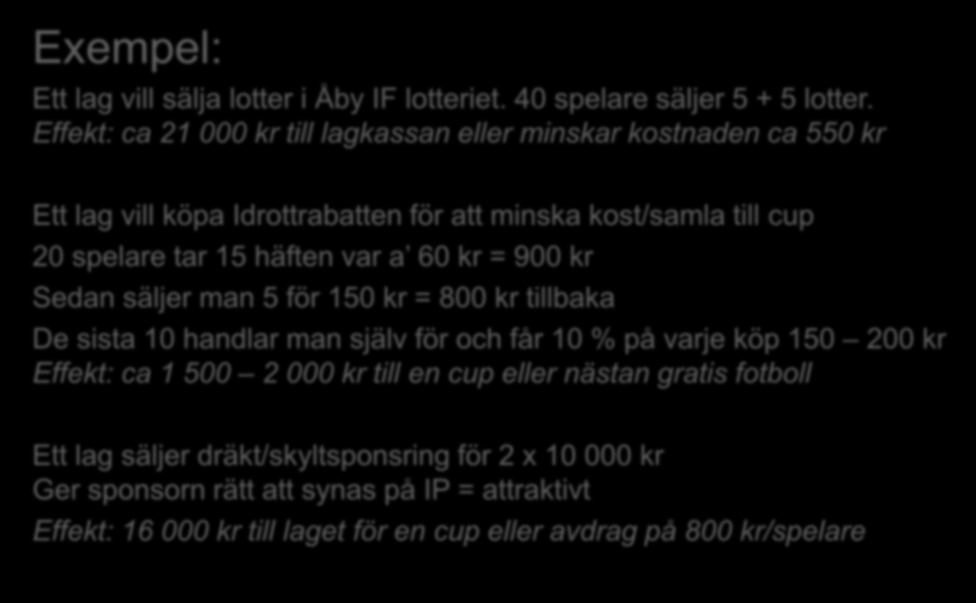 Exempel: Ett lag vill sälja lotter i Åby IF lotteriet. 40 spelare säljer 5 + 5 lotter.