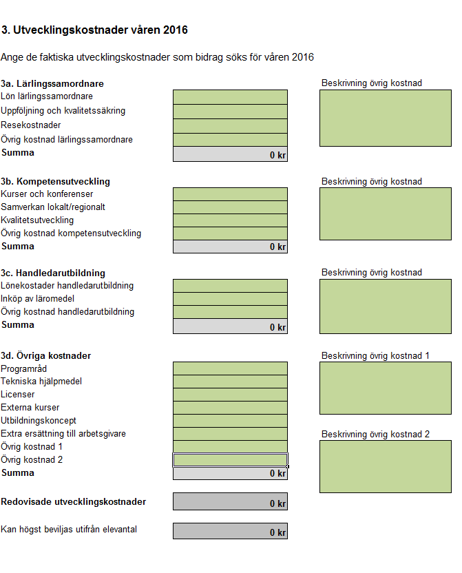 5 (13) 3. Utvecklingskostnader Här ansöker ni om bidrag för kostnader som avser utvecklingen av den gymnasiala lärlingsutbildningen. I blanketten finns förslag på utvecklingskostnader.