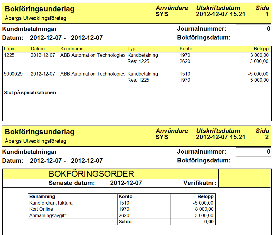 Bokföringsunderlag Tittar vi på ett bokföringsunderlag för inbetalningar för den här dagen så ser vi de två betalningarna. I exemplet hade vi konto 1970 för betalning via kort online.