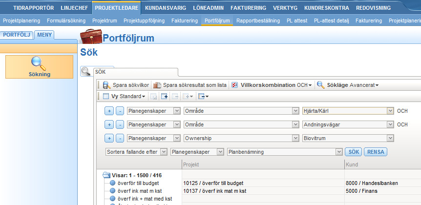 Listan av projektplaner som skapas utifrån angivna sökkriterier kan sorteras efter projekt- eller planegenskaper i stigande eller fallande ordning.