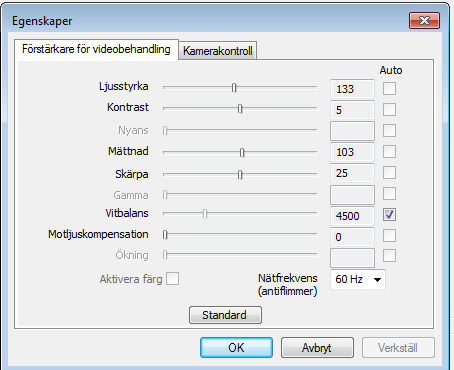 Kamera inställningar vid flimrande bild Om bilden flimrar i Skype ändra kamerans Hertz inställning Följ de två stegen videoenhet och kamerainställningar på sid 7 för att få upp rutan för Egenskaper.