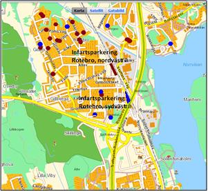 Avstånd från hemadress för infartsparkerare Rotebro, sydost om järnväg 41; 59% 8; 12% 7; 10% 4; 6% 9; 13% <2km >50km 10-50km 2-5km. 5-10km Figur 12.
