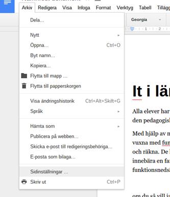 Inställningar i Google Dokument Välj sidfärg Under Arkivmenyn