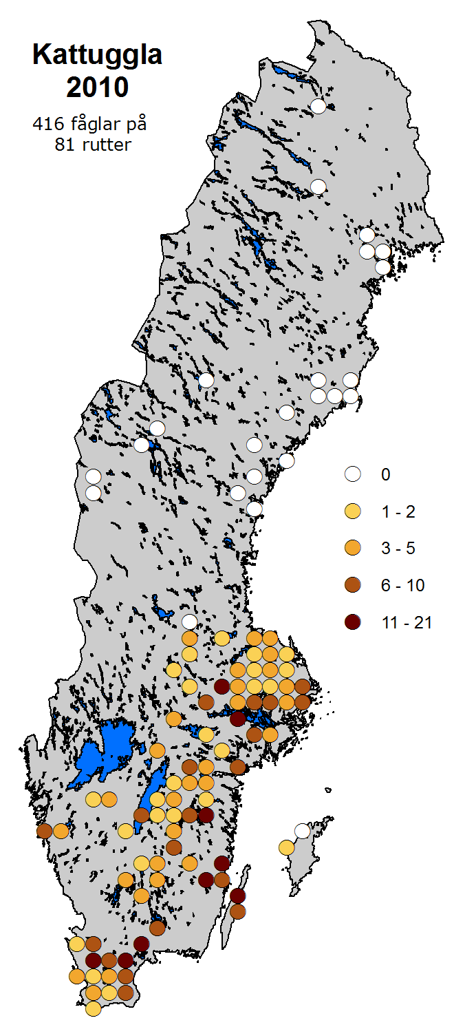 Figur. Antalet individer observerade per nattfågelrutt av fem i huvudsak nattaktiva arter. Ingen av dessa arter täcks bra av de övriga programmen inom Svensk Fågeltaxering.