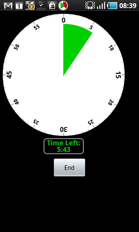 Activity Timer, Gratis Engelska Visar hur tiden räknas ner genom att den gröna tårtbiten blir