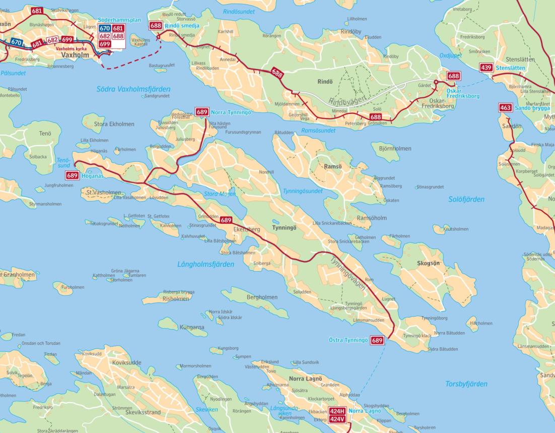 Figur 14 SL-karta Tynningö Vaxholm och Norra Lagnö. Källa: Storstockholms lokaltrafik SL 2011 4.3.5 Övrig sjötrafik Befintlig färjeled går över Lagnösund.