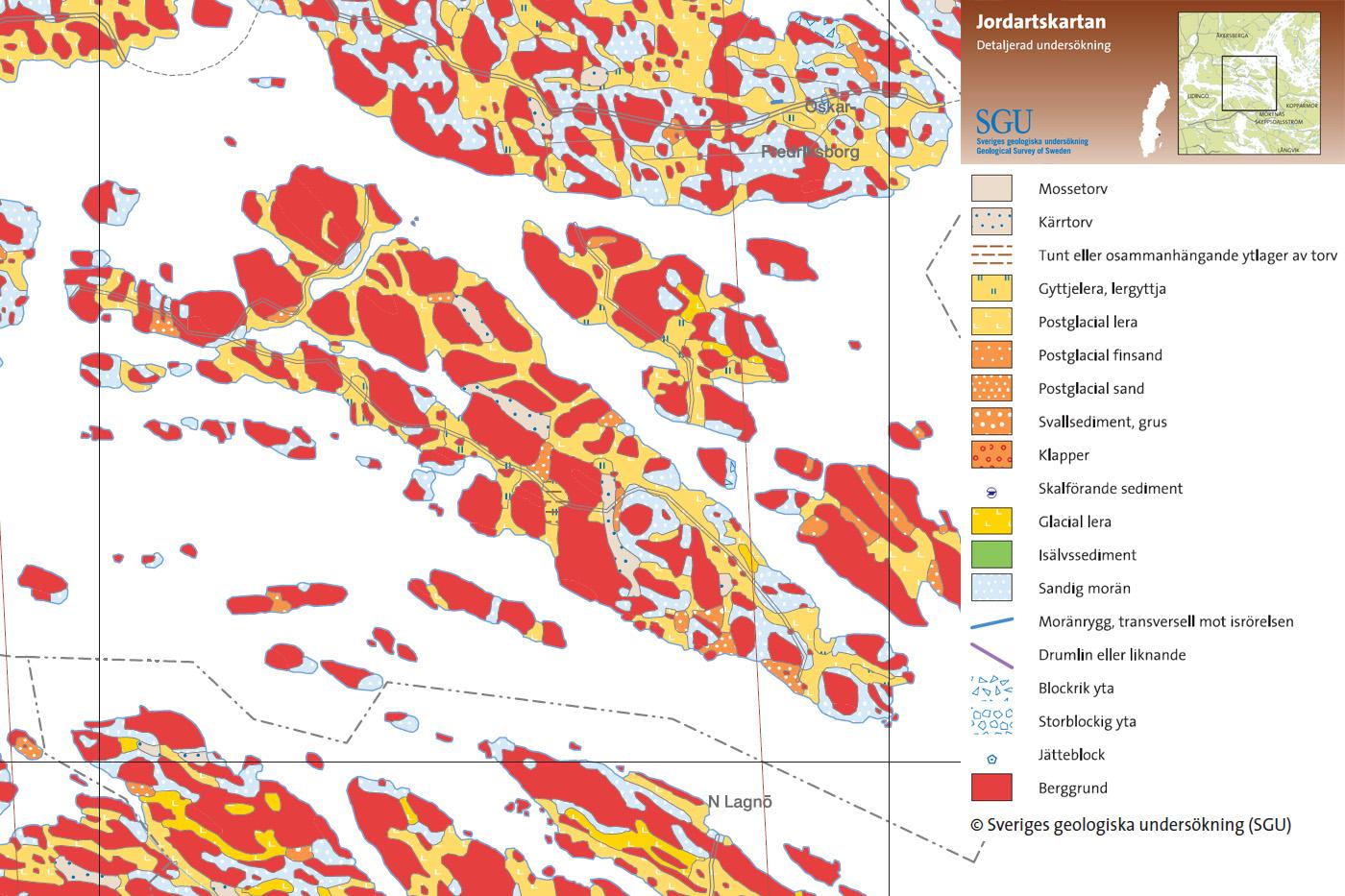 4.5 Geoteknik Uppgifter nedan är utlästa från SGU:s jordartskarta. SGU:s jordartskarta som redovisar utbredning av jordarter i eller nära markytan.