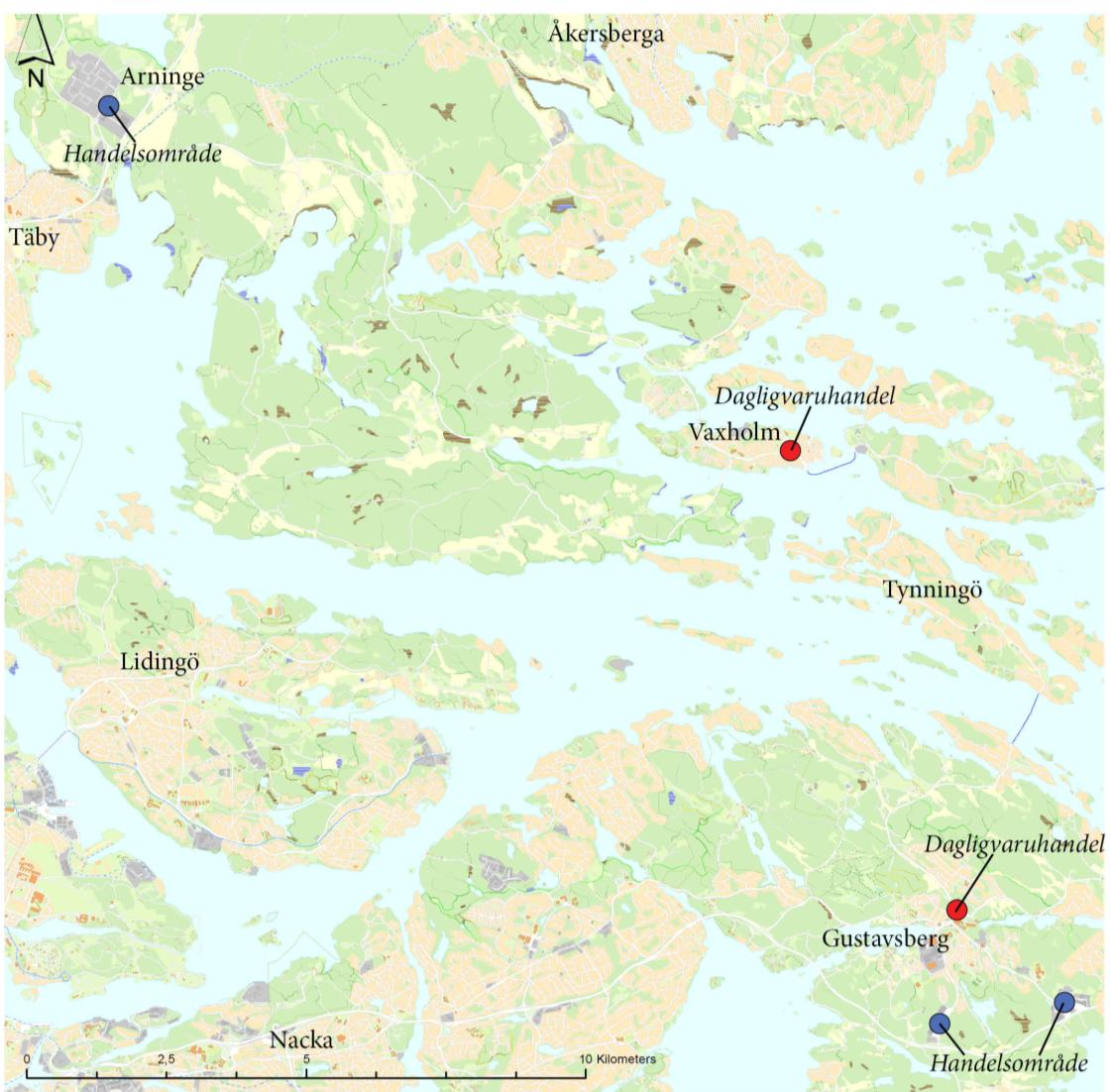 Figur 25 Karta med handelsområden Fritidsbefolkningen antas inte ha samma behov av dagspendling som de fastboende och bör kunna anpassa sig till de