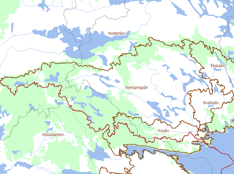 De tre avrinningsområdena + kuststräckan ligger inom 3 län; Södermanland, Östergötland och Örebro och 11 kommuner; Nyköping, Katrineholm, Flen, Vingåker,