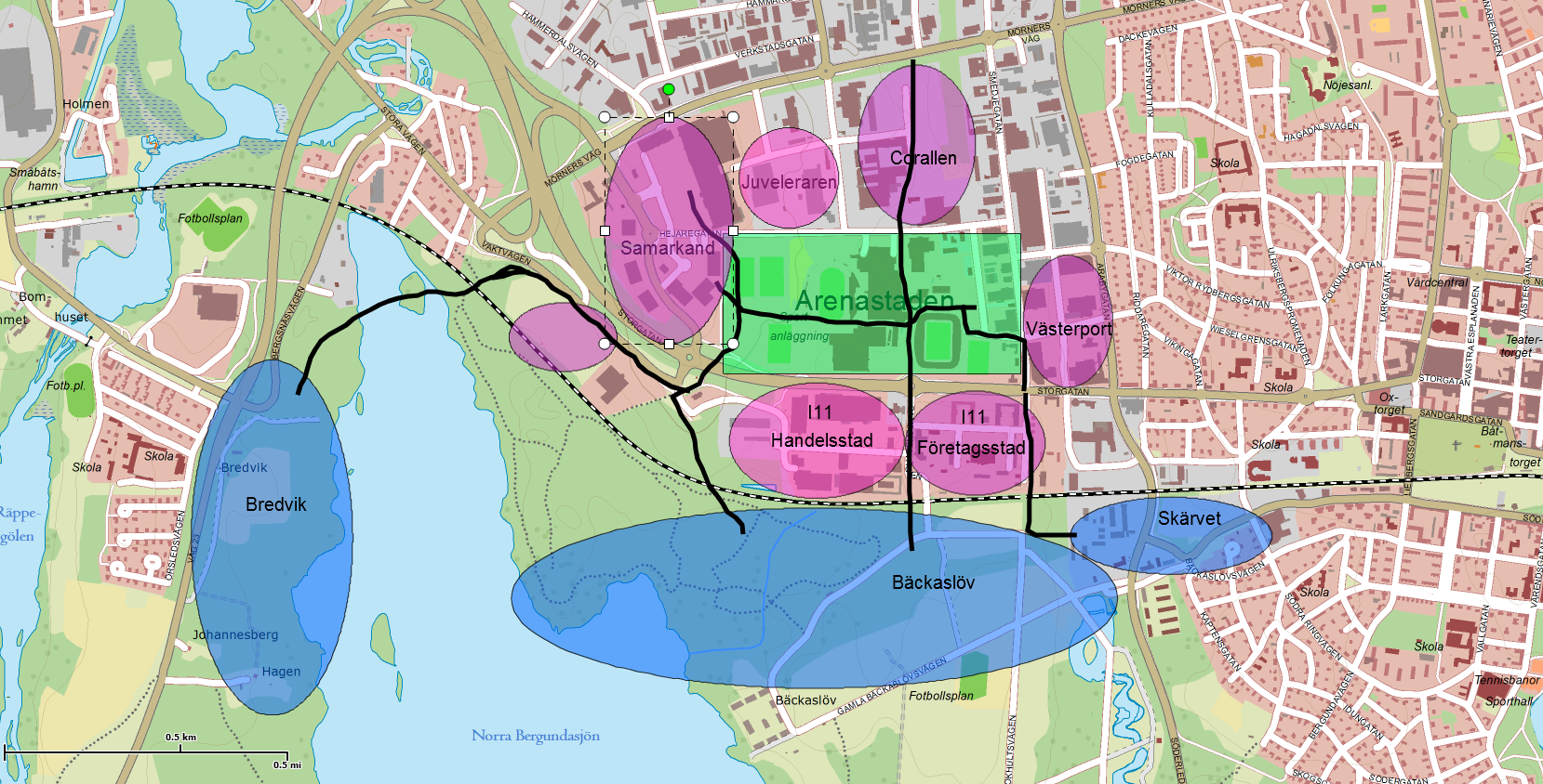 Områdets förutsättningar Arenastaden ligger centralt i västra delen av Växjö stad och omgivet av handelsområdena Samarkand, Västerport och Handelsstad I11.