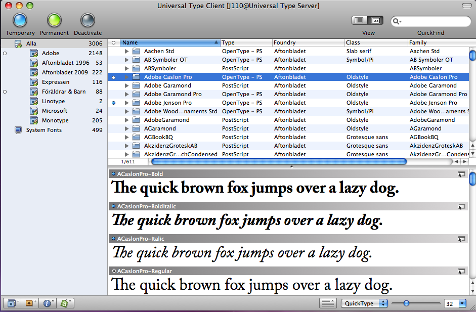Universal Type Client/Server Är ett program för att hantera stora mängder teckensnitt/typsnitt. Om man installerar alltför många typsnitt på en dator så blir datorn mycket långsam eller kraschar.