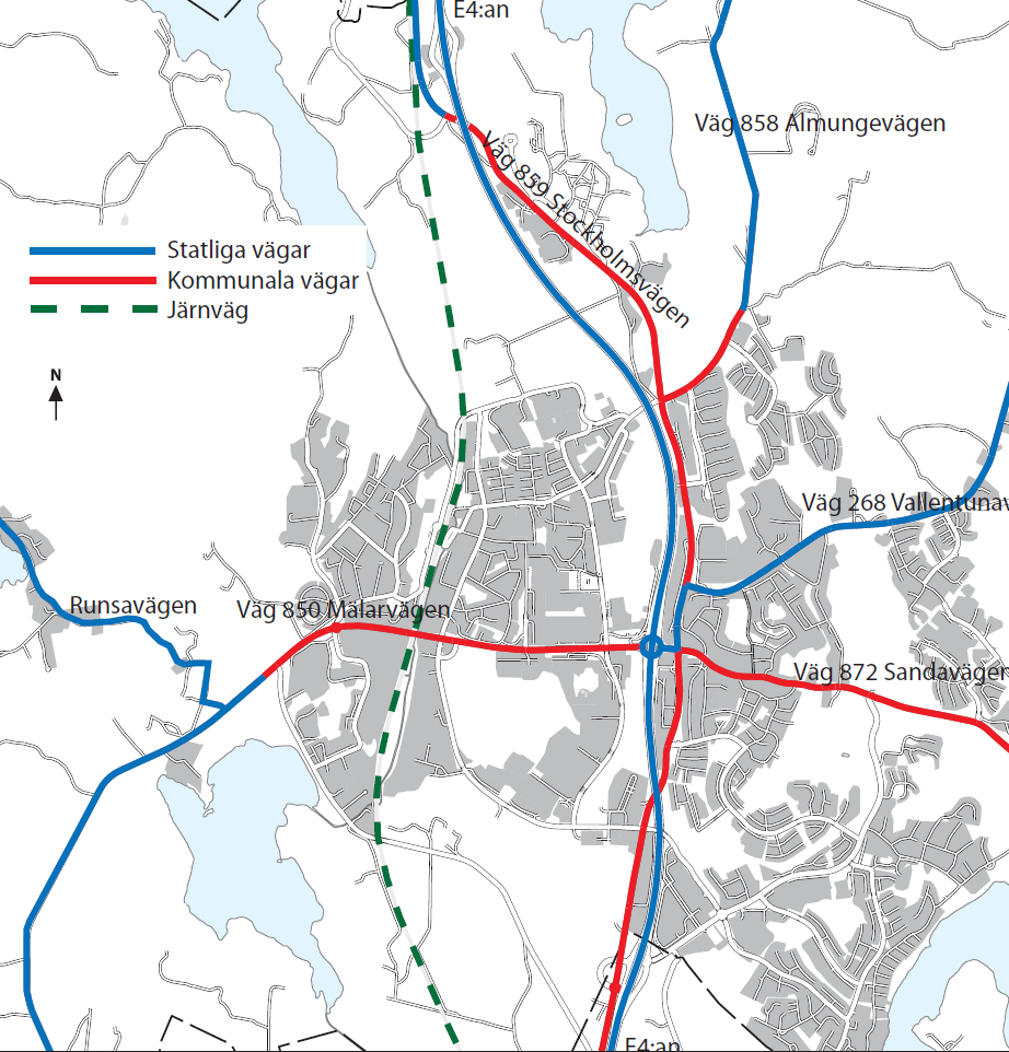 6 Konsekvenser för kommunikationer De viktigaste transportstråken inom kommunen är järnvägen (Ostkustbanan) samt E4.