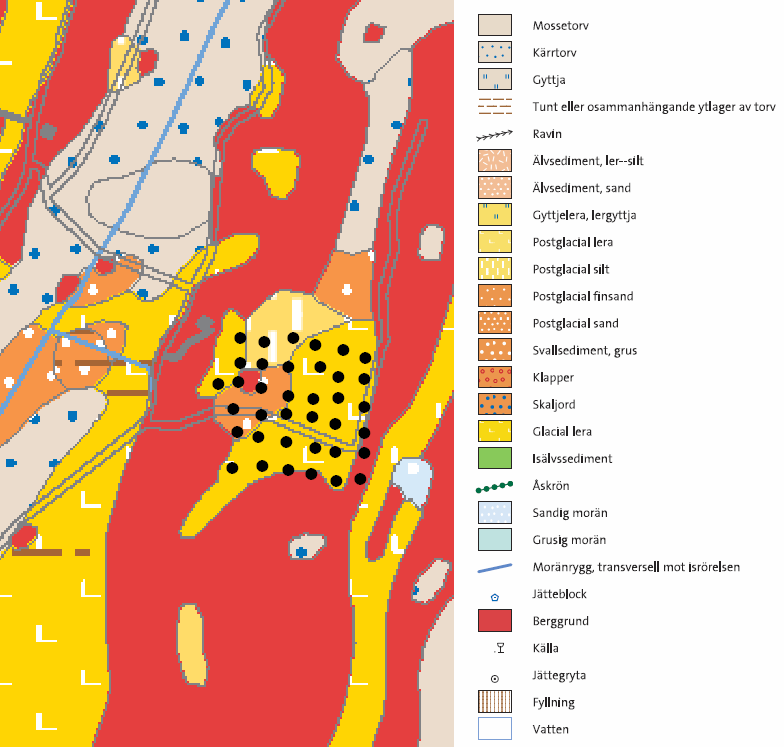 Figur 11 Jordarternas fördelning på Mastytan. Karta från Sveriges Geologiska undersökning (SGU),