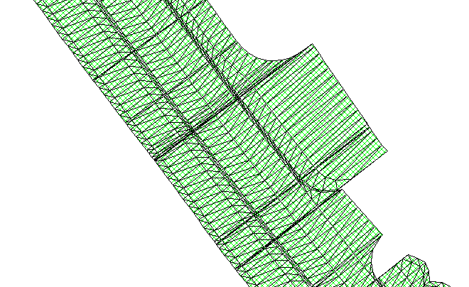 Figur 4-6: Terrängmodell (*.trm) som genererats efter att ytor extraherats från AutoCAD-ritning. 4.1.3 Dubbelpunkter Då terrängmodeller skapades i Geo 2012 utifrån koordinatfiler (*.geo) upptäcktes s.