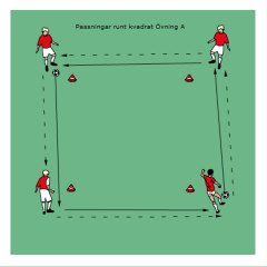 Passningar runt en kvadrat Vad: Precision i passningar, passning på ett eller två tillslag, olika sorters medtagningar och rörelser Varför: Att kunna bemästra passningar och mot/medtagningar gör att
