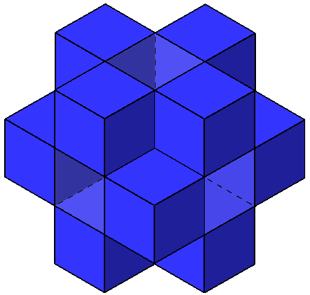 Fyra synliga sidor De små kuberna med fyra synliga sidor hittar vi endast i Figur 1. Där är de placerade på kanterna (Bild 14). Det finns bara en kub på varje kant, och figuren har tolv kanter.