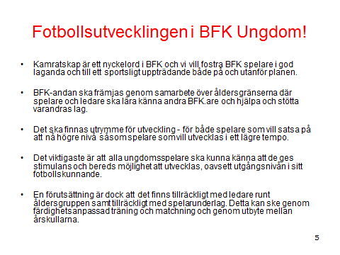 Det sportsliga målet med vår ungdomsverksamhet är att ge våra ungdomar en fotbollsutbildning av hög kvalité som ger bästa möjliga förutsättningar för minst spel i föreningens representationslag.