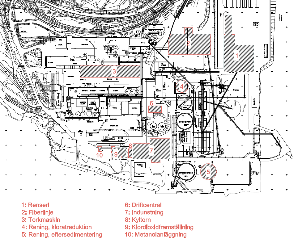 Figur 3: Illustration över planerade byggnader och anläggningar för rening av processvatten inom fabriksområdet (4 och 5).