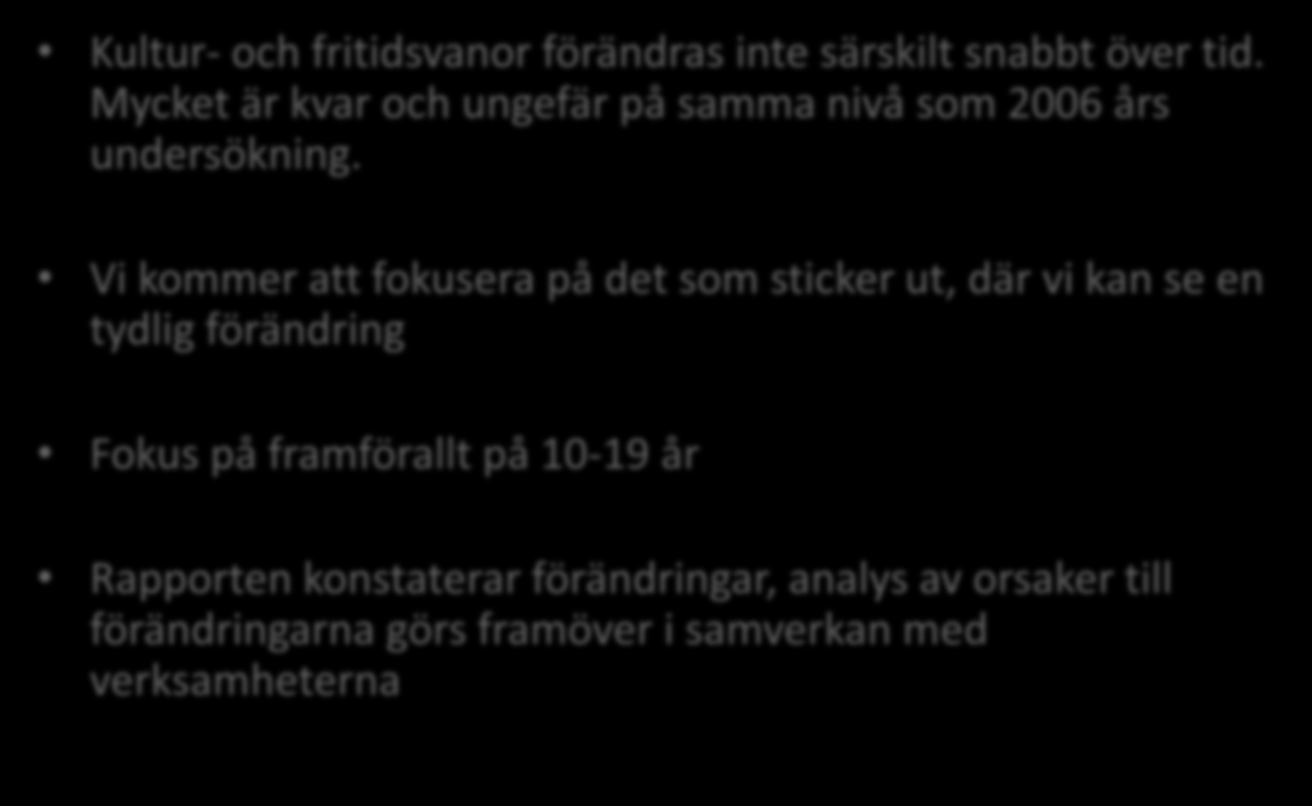 Kultur- och fritidsvanor förändras inte särskilt snabbt över tid. Mycket är kvar och ungefär på samma nivå som 2006 års undersökning.