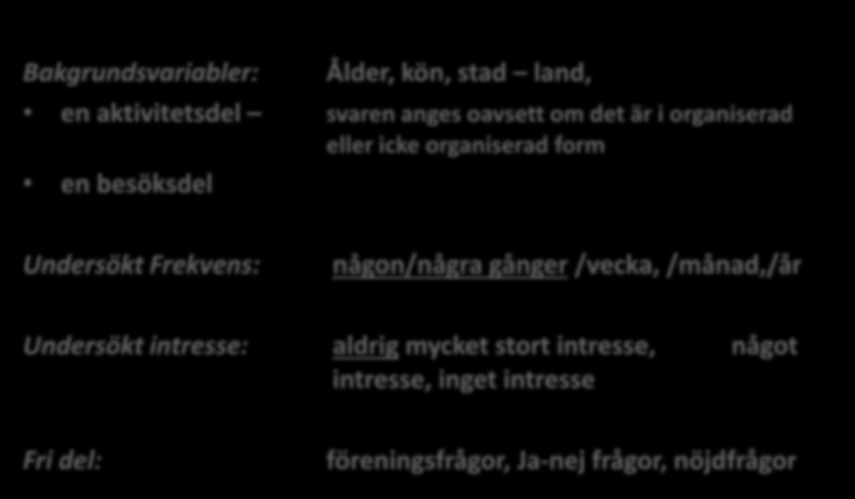 Uppbyggnad av enkät Bakgrundsvariabler: Ålder, kön, stad land, en aktivitetsdel svaren anges oavsett om det är i organiserad eller icke organiserad form en besöksdel Undersökt