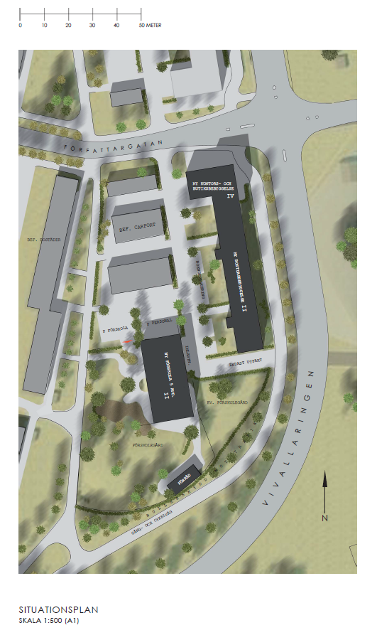 Befintlig infart Parkering för besökande och personal. Inlastning Ny utfart Cykelparkering Ev. korttidsparkering Situationsbild som visar trafik och parkeringslösningen för förskolan.