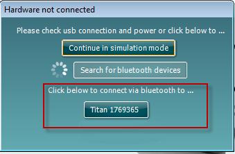 Kontrollera att Titan fortfarande är påslagen. 6. Låt Bluetooth-enheten söka efter Titan. Efter en liten stund visas din Titan med ett motsvarande identifikationsnummer i fönstret nedan. 7.