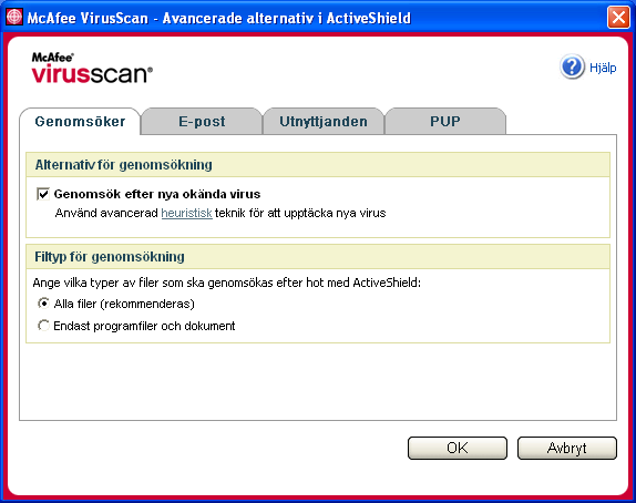 McAfee VirusScan Genomsöka alla filer Om du ställer in ActiveShield för att använda standardalternativet Alla filer (rekommenderas) genomsöker programmet varje filtyp som datorn använder,