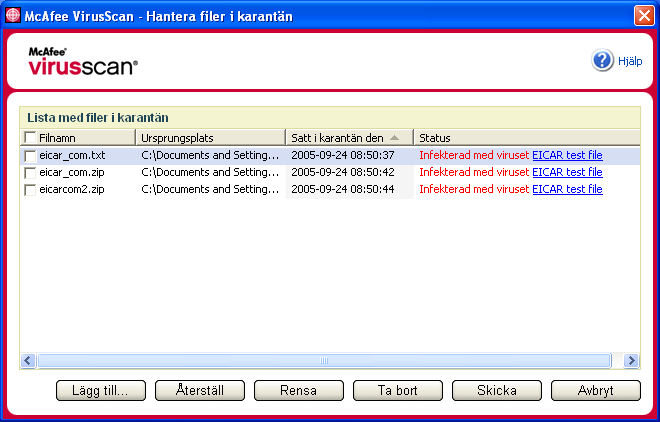 Hantera filer i karantän Hantera filer i karantän Funktionen Karantän krypterar och isolerar misstänkta filer tillfälligt i karantänkatalogen tills lämplig åtgärd kan vidtas.